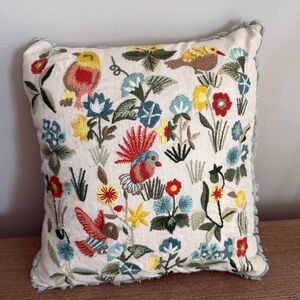 Pier 1 Embroidered Birds Floral Pillow Folk Art Cottagecore 14x14